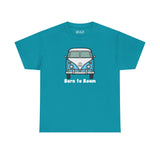 Born to Roam athletic tee featuring a classic vanagon bus with a peace sign, perfect for wanderers.