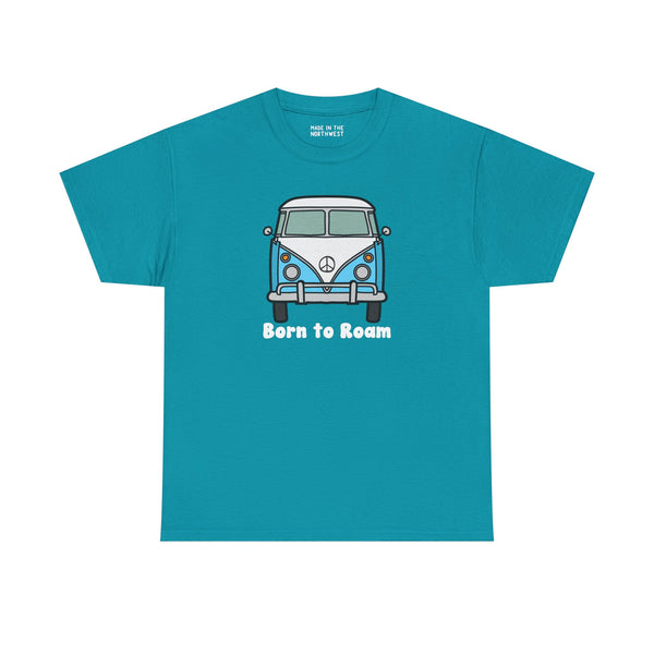 Born to Roam athletic tee featuring a classic vanagon bus with a peace sign, perfect for wanderers.