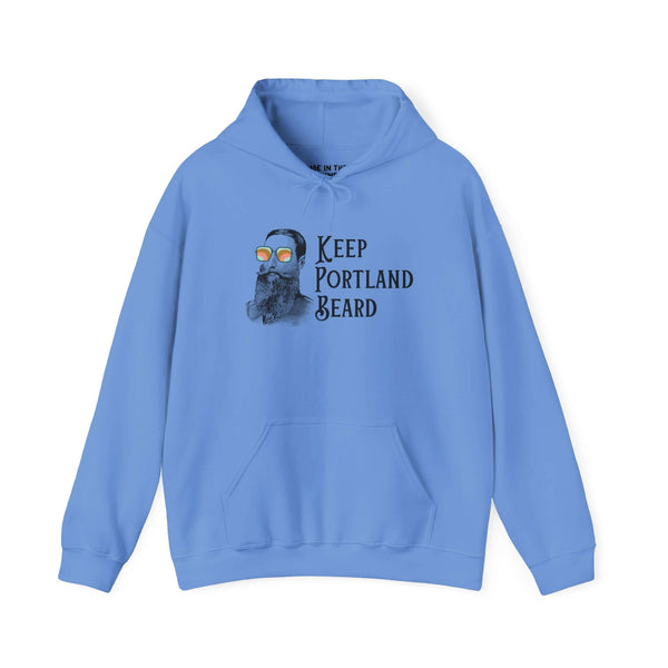 Keep Portland Beard hoodie in blue featuring a bearded man in sunglasses, showcasing Portland's unique culture.