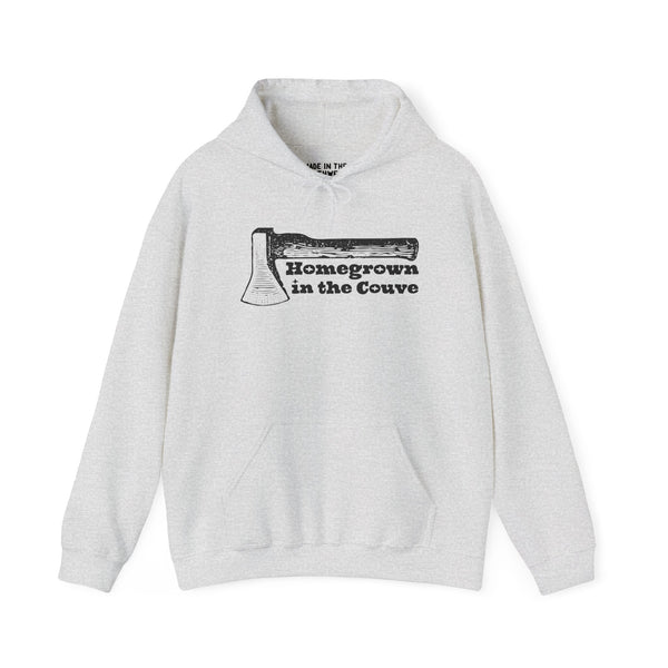 Homegrown in the Couve cozy hoodie with illustrated axe design, showcasing local pride and craftsmanship.