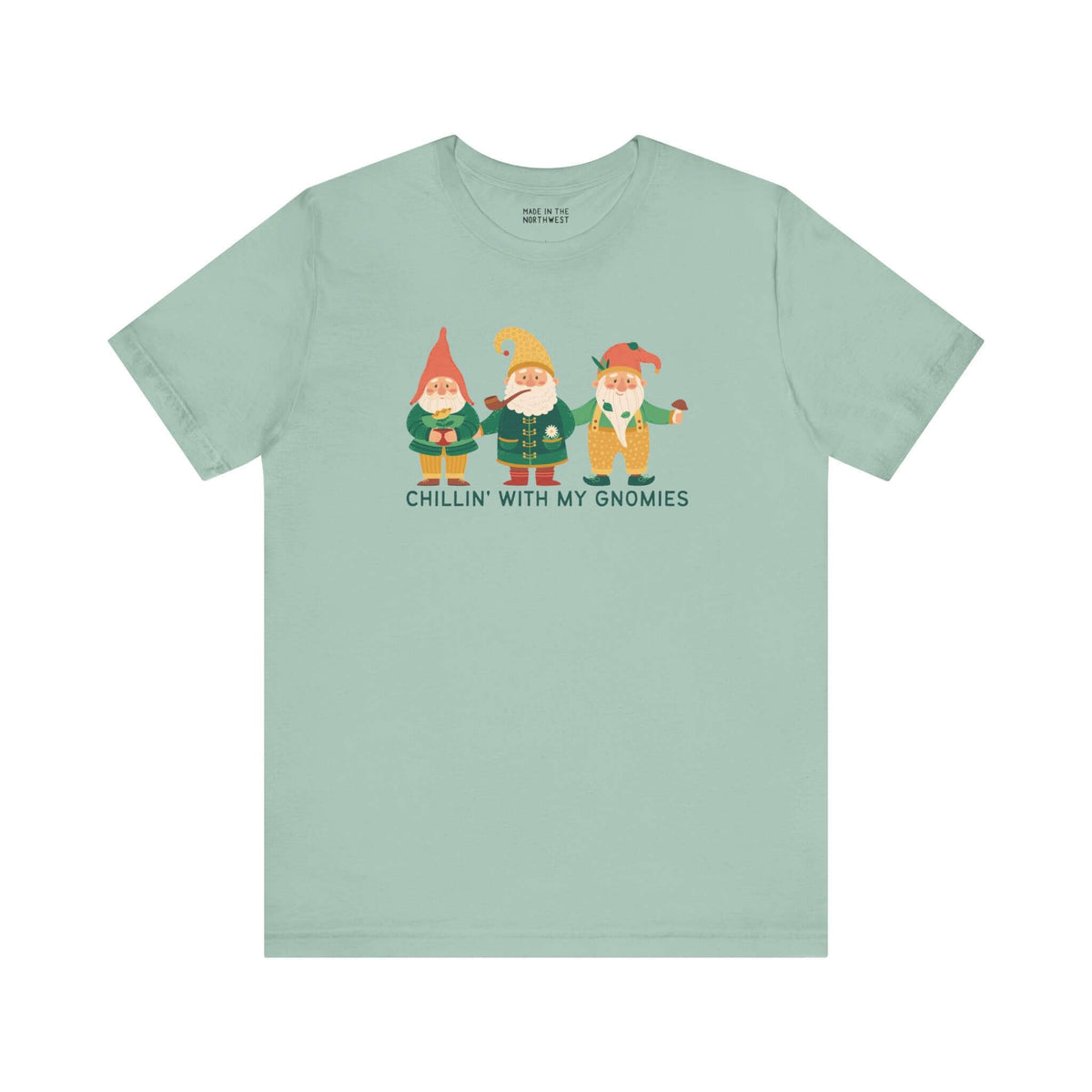 Light teal tee featuring whimsical garden gnomes and 'Chillin' with My Gnomies' text design.