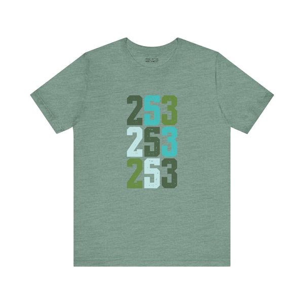 Two-Five-Three Premium Soft Tee in green with bold stacked 253 design celebrating Tacoma's vibrant colors.