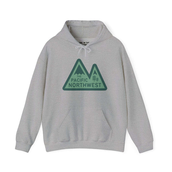 Pacific Northwest Heights Mountain Hoodie with green mountain design on gray background, stylish sweatshirt for nature lovers.