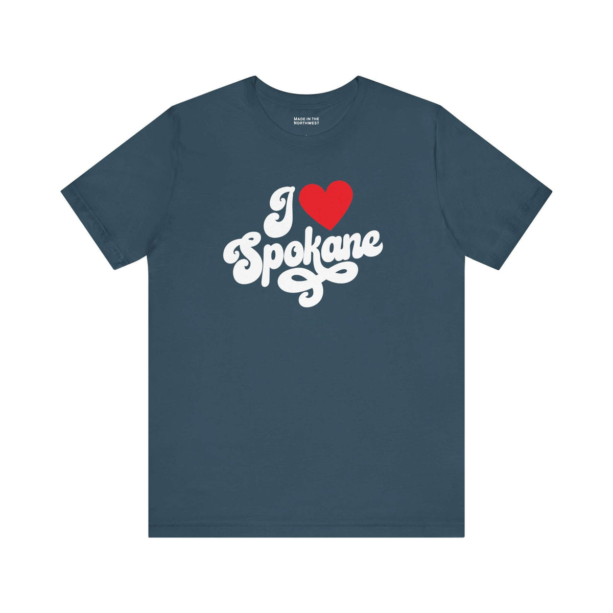 I love Spokane t shirt featuring a cursive design with a red heart on a navy blue background.