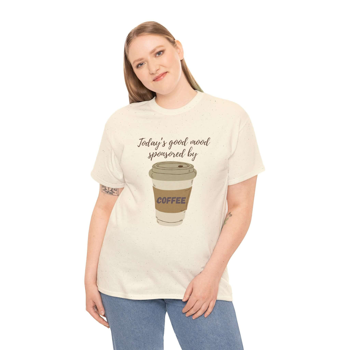 Woman wearing white tee with "Today's Good Mood Sponsored By Coffee" and coffee cup design.