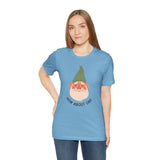 Woman wearing How About Gno Premium Soft Tee featuring a playful gnome design in blue.