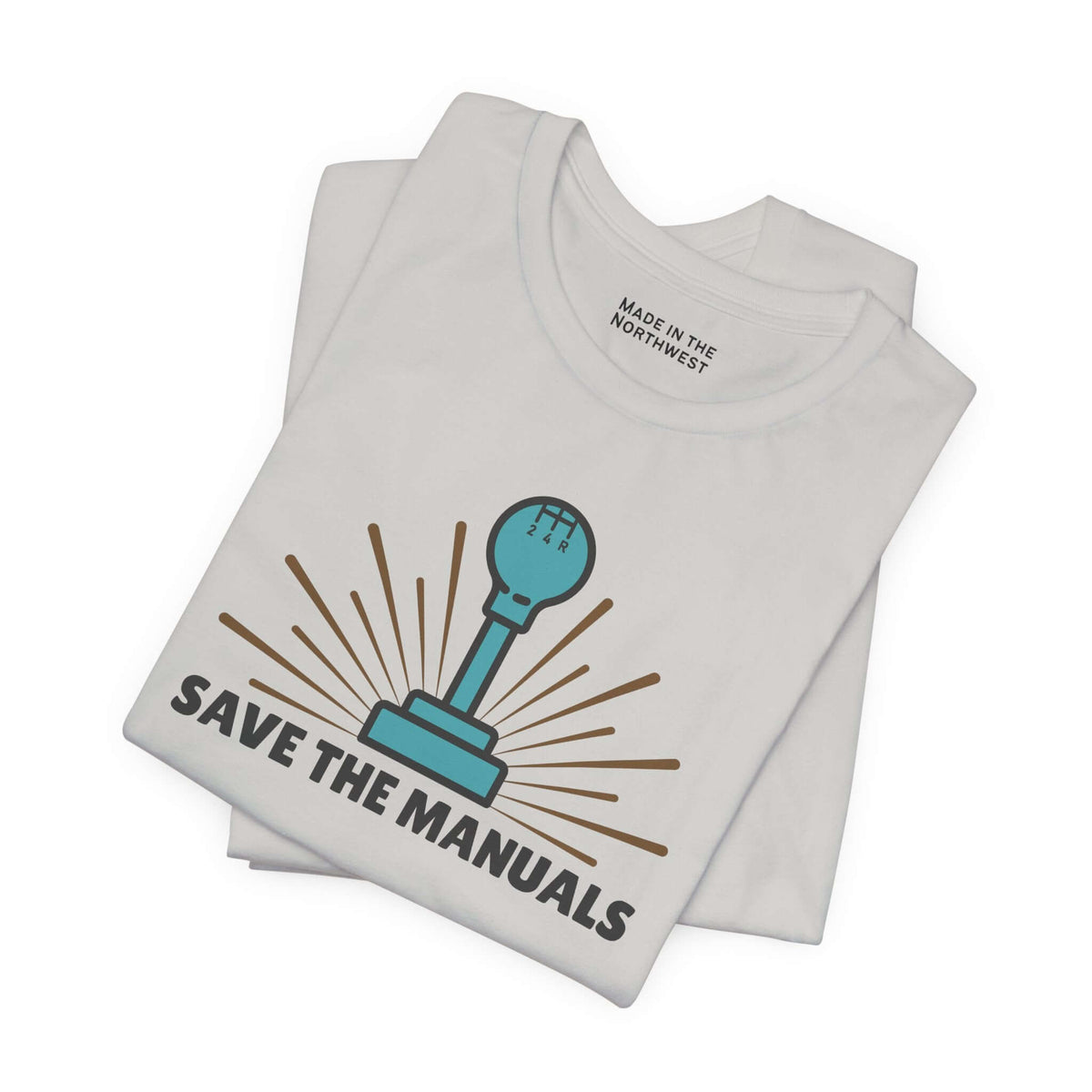 Save the Manuals T Shirt featuring a retro gearshift design for car enthusiasts.