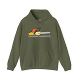 Chainsaw Whisperer Hoodie in olive green featuring a chainsaw graphic for woodworkers and arborists.