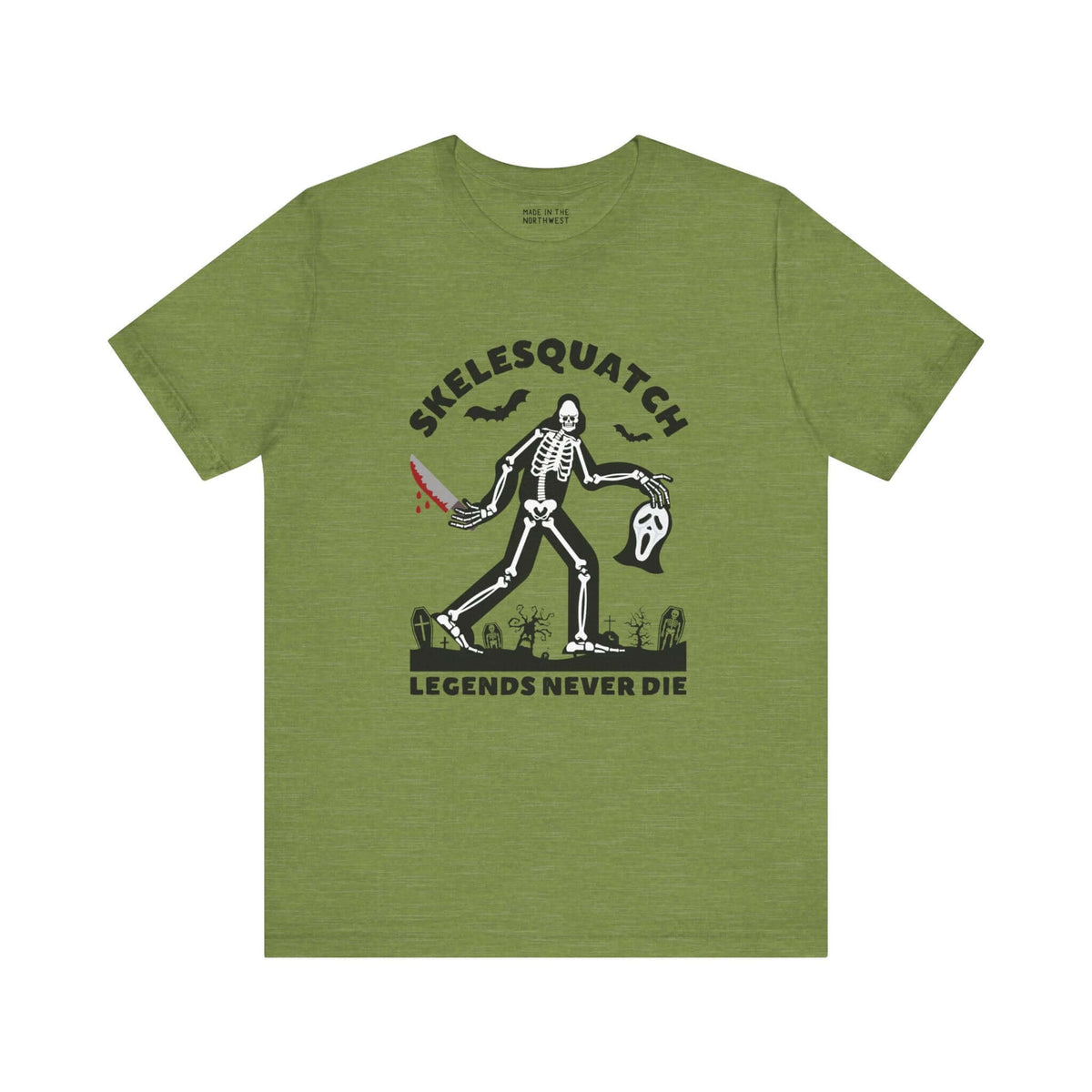 Skelesquatch Halloween tee featuring skeleton sasquatch with bloody knife and Scream mask in graveyard, perfect for horror fans.