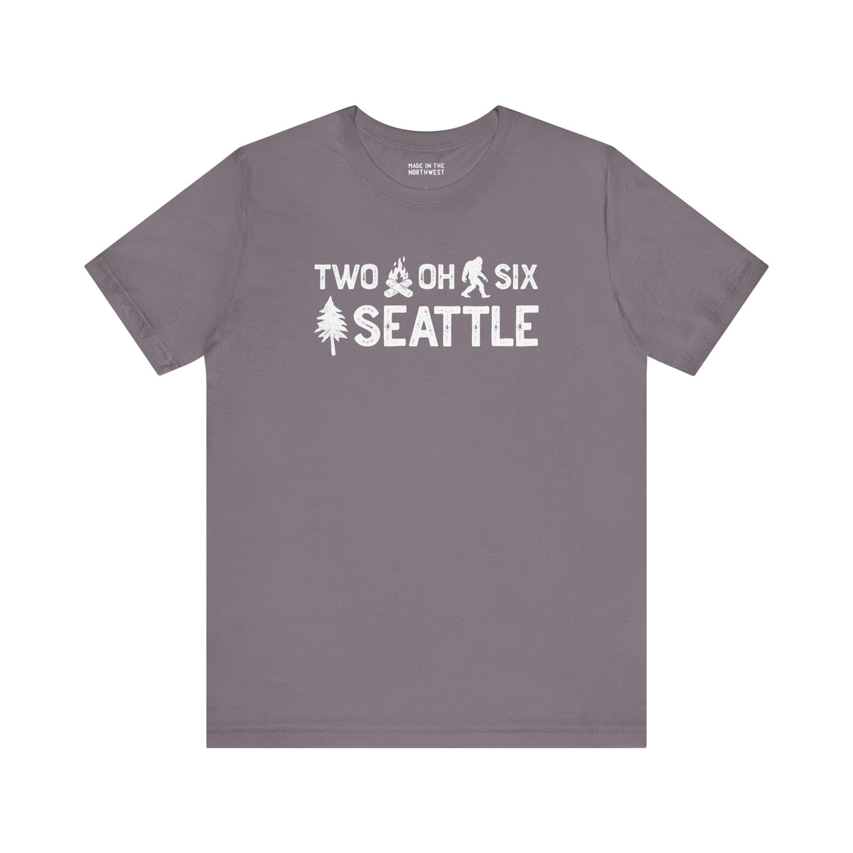 Two Oh Six Roots Premium Soft Tee in gray featuring Seattle's area code and tree graphic.