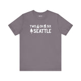 Two Oh Six Roots Premium Soft Tee in gray featuring Seattle's area code and tree graphic.