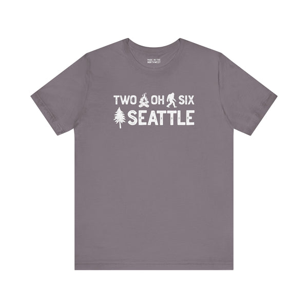Two Oh Six Roots Premium Soft Tee in gray featuring Seattle's area code and tree graphic.