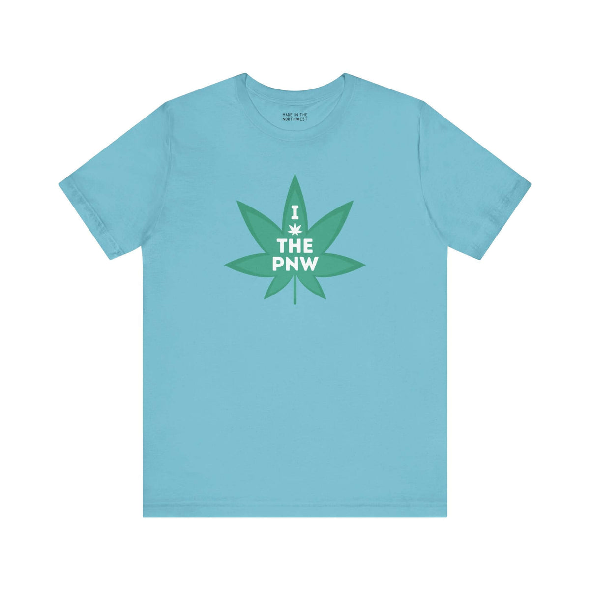 Light blue t-shirt featuring a marijuana leaf graphic with "I the PNW" text celebrating Pacific Northwest vibes.