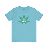 Light blue t-shirt featuring a marijuana leaf graphic with 