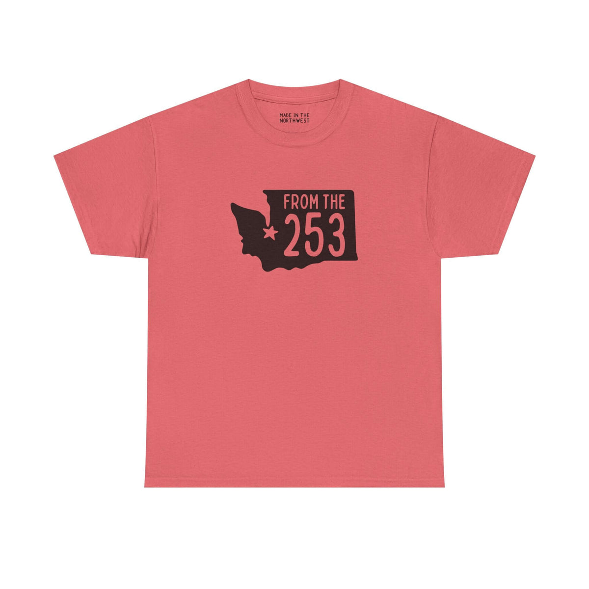 From the 253 Washington State Athletic Tee, featuring Tacoma design on a coral shirt, celebrating local pride.