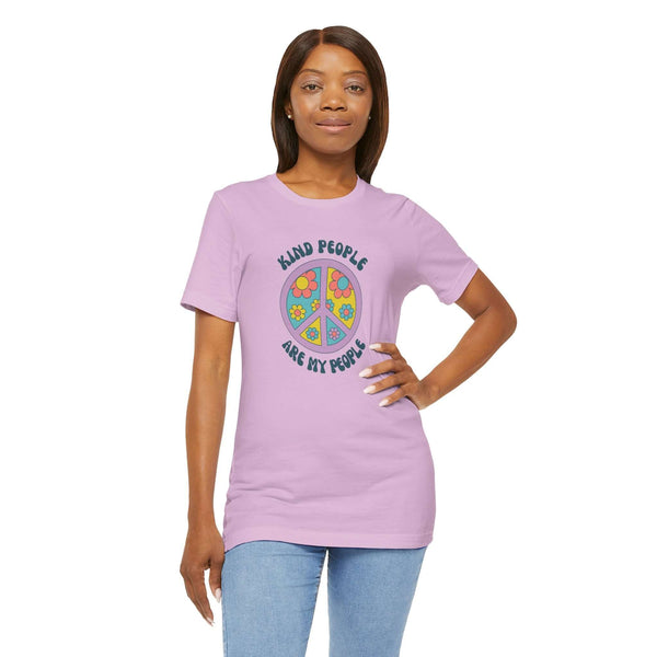 Unisex premium soft tee with 'Kind People Are My People' design featuring a groovy floral peace sign.
