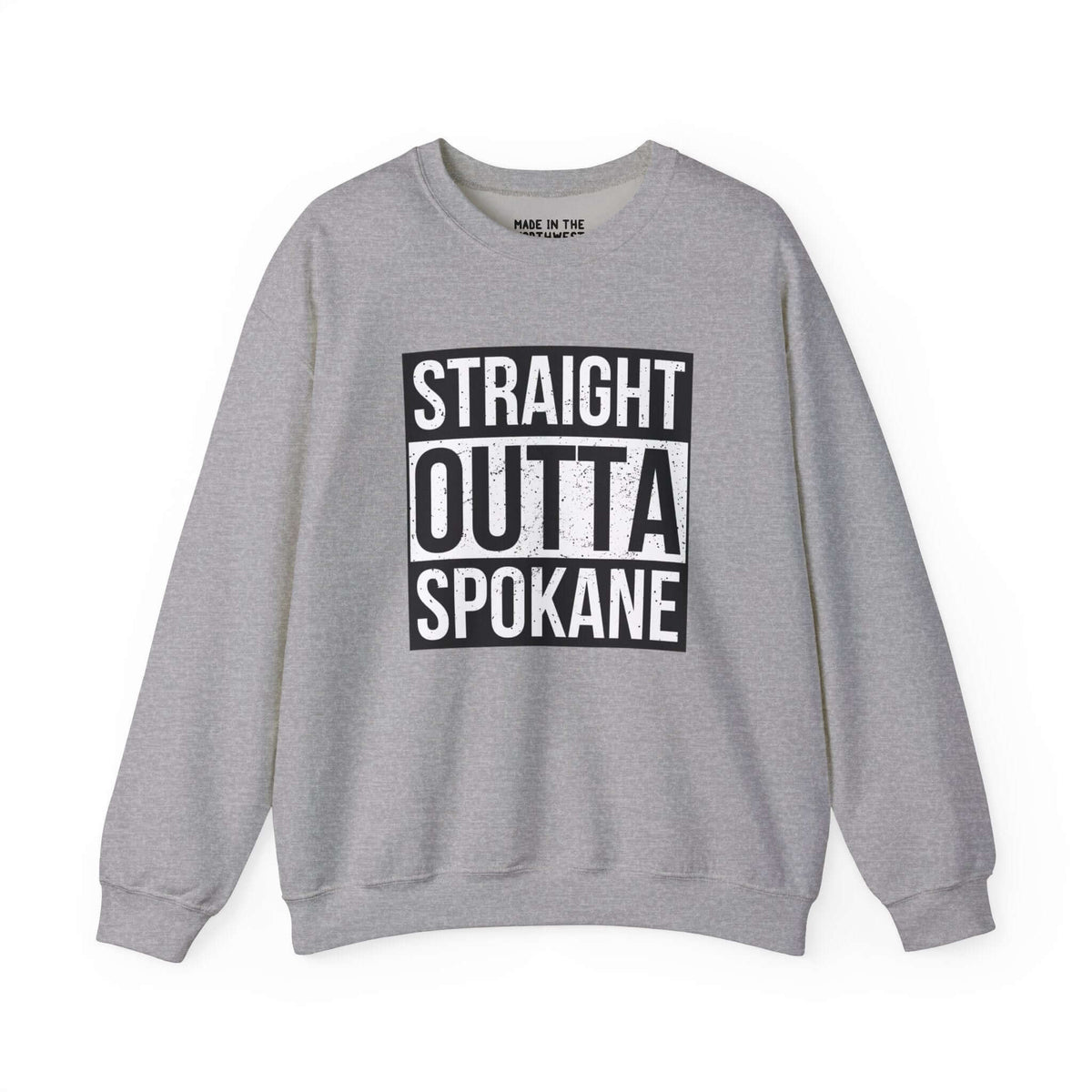 Grey sweatshirt with "Straight Outta Spokane" bold print, inspired by classic streetwear design, showcasing local pride.