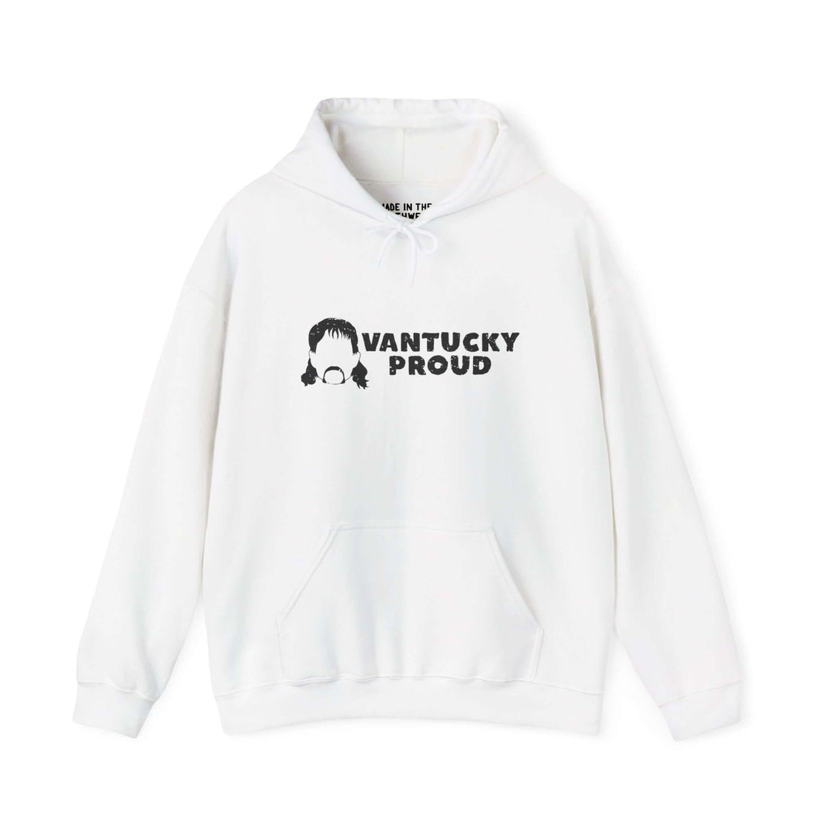 Vantucky Proud Rusty McCoy hoodie in white with graphic design, showcasing resilience and local pride.
