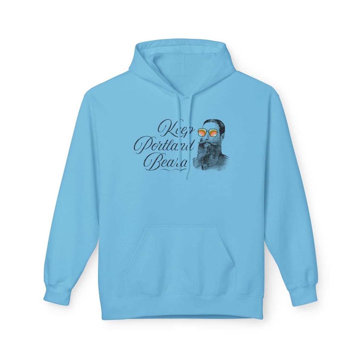 Keep Portland Beard Hoodie in light blue featuring a bearded man in sunglasses and unique script.