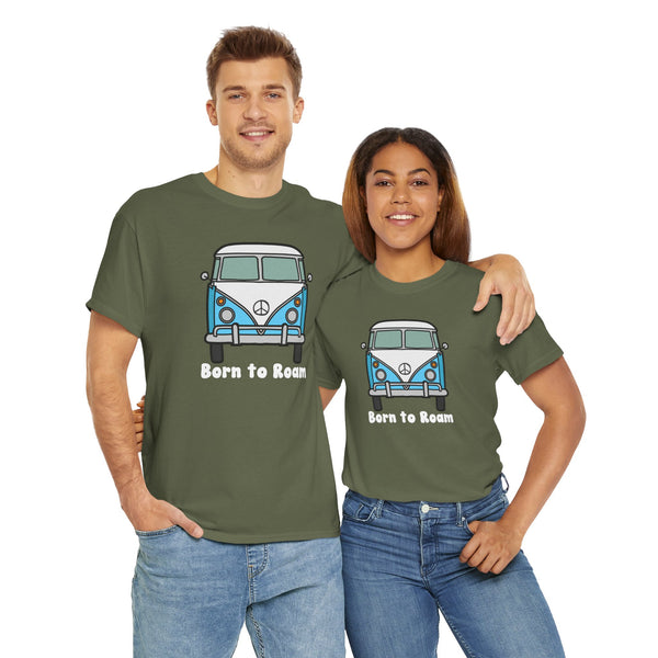 Two models wearing Born to Roam tees featuring a classic vanagon bus with peace sign, perfect for adventure lovers.