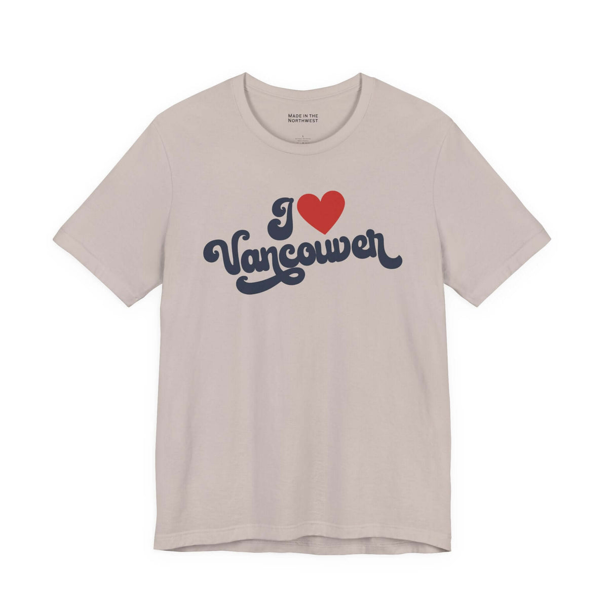 I love Vancouver t shirt featuring a cursive design on a light background, showing Washington hometown pride.