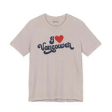 I love Vancouver t shirt featuring a cursive design on a light background, showing Washington hometown pride.