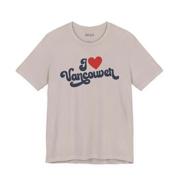 I love Vancouver t shirt featuring a cursive design on a light background, showing Washington hometown pride.