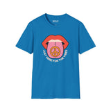 I'm Just Here for the Vibes Softstyle T-Shirt in blue with playful graphic design for laid-back vibes.