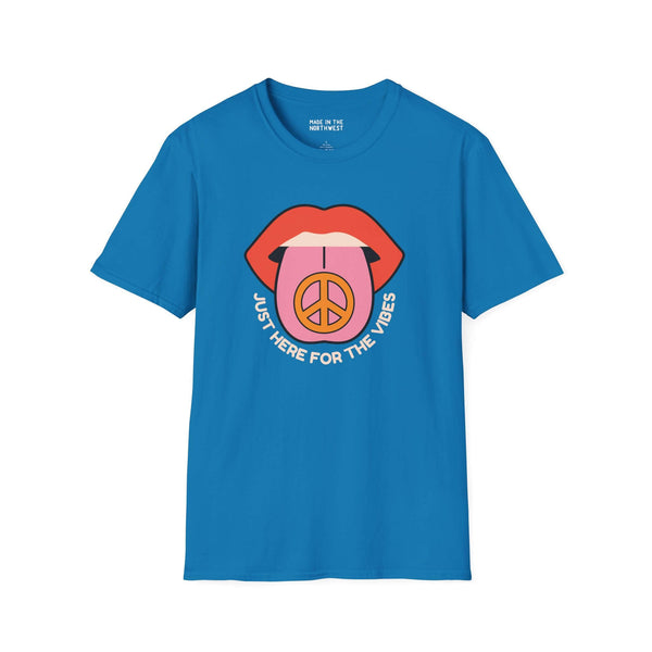I'm Just Here for the Vibes Softstyle T-Shirt in blue with playful graphic design for laid-back vibes.