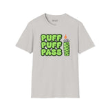 Puff Puff Pass T Shirt featuring a retro cannabis graphic and lighter design on a light gray tee.