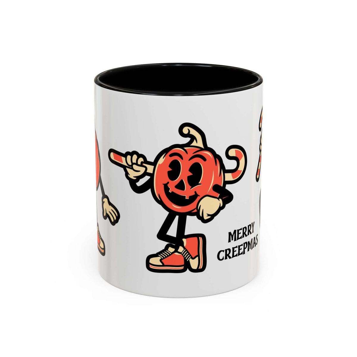 Merry Creepmas Mug featuring playful pumpkins and candy canes in vibrant colors.