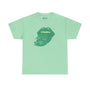 Tongue Tied and Lifted athletic tee featuring bold green mouth and marijuana leaves design on mint green fabric.