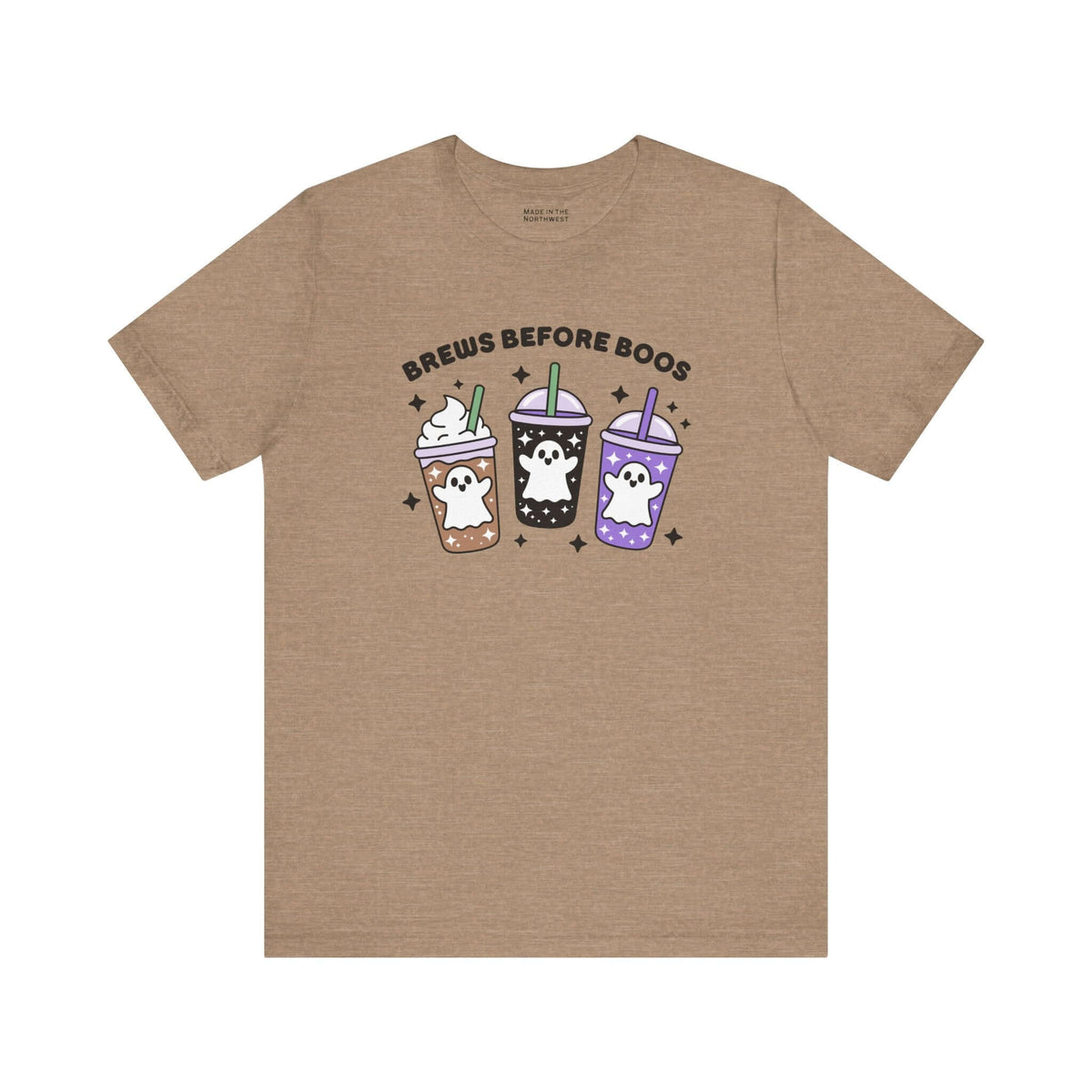 Brews Before Boos Halloween Coffee Premium Soft Tee featuring ghost-themed iced coffees in playful design.