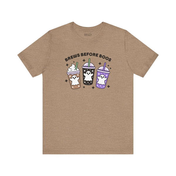 Brews Before Boos Halloween Coffee Premium Soft Tee featuring ghost-themed iced coffees in playful design.