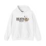 White hoodie featuring 'Death Before Decaf' text and skull-shaped coffee mug graphic.