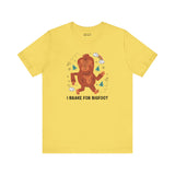 Yellow I Brake for Bigfoot tee featuring a whimsical Sasquatch graphic, perfect for folklore fans.