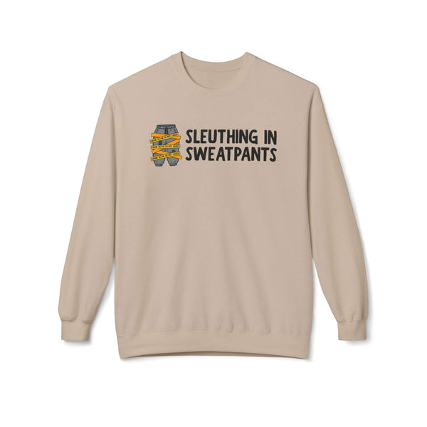 Sleuthing in Sweatpants Sweatshirt in beige with graphic design perfect for true crime enthusiasts.