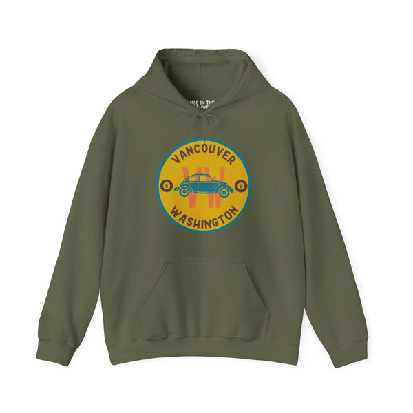 "Vancouver VW Classics Beetle Hoodie in olive with vintage car design, celebrating Volkswagen Beetle's charm and retro style."