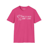 Messy Hair Don't Care Bigfoot T Shirt in vibrant pink, featuring an unkempt Bigfoot graphic and bold text.