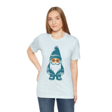 Woman wearing a teal tee with a cool gnome in daisy sunglasses design, adding whimsy to a PNW-inspired outfit.