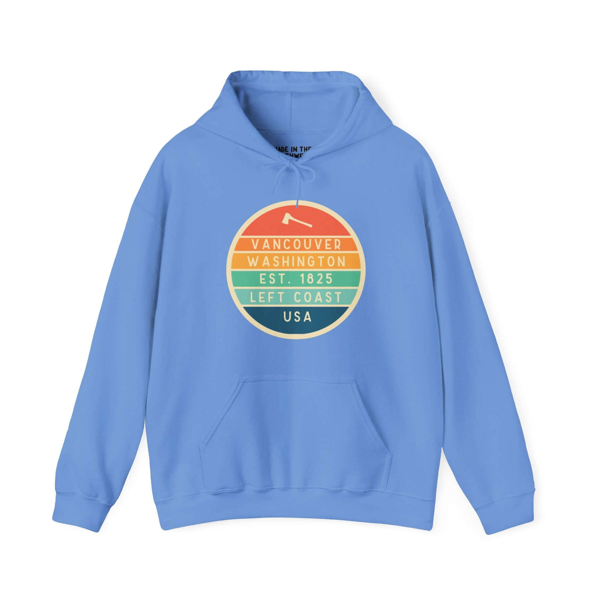 Blue hoodie featuring a circular Vancouver, Washington logo celebrating Pacific Northwest culture and heritage.