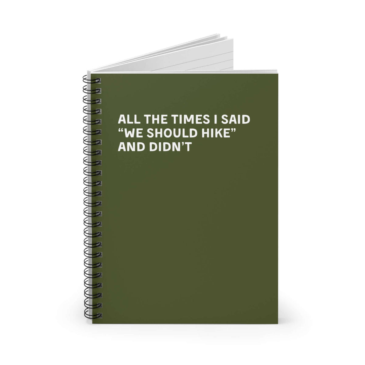 Spiral notebook titled 'All the Times I Said We Should Hike and Didn't,' perfect for documenting unfulfilled outdoor plans.