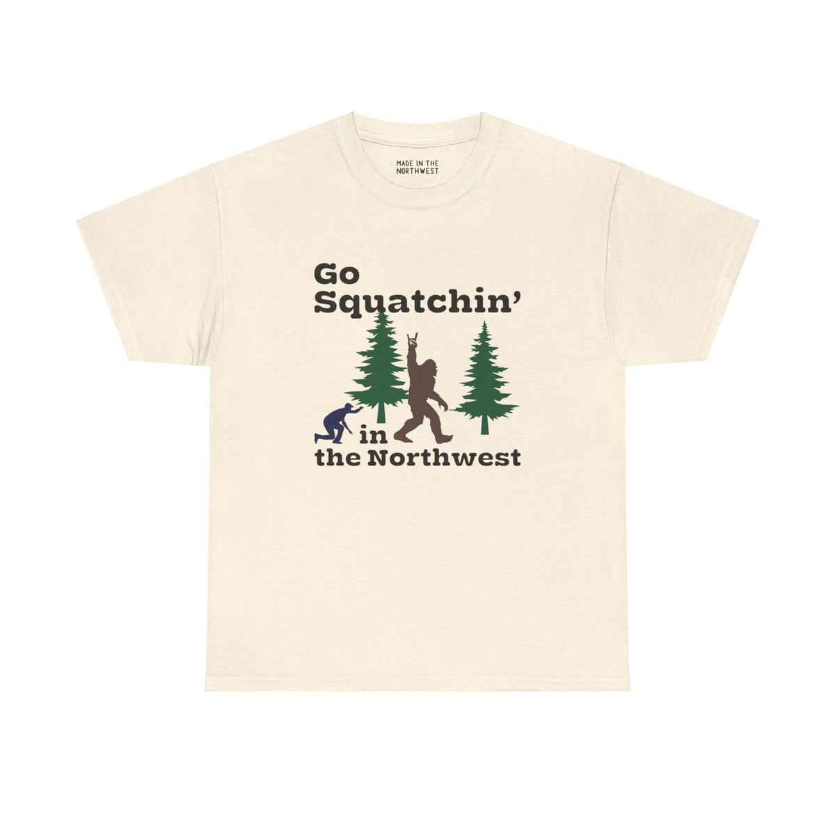 "Go Squatchin' in the Northwest tee with Sasquatch design on cream athletic shirt"