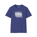 Out of Office Camper Softstyle T-Shirt in navy with retro travel trailer graphic, perfect for adventure lovers.