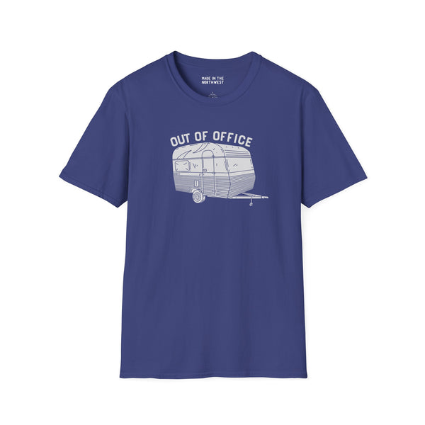 Out of Office Camper Softstyle T-Shirt in navy with retro travel trailer graphic, perfect for adventure lovers.