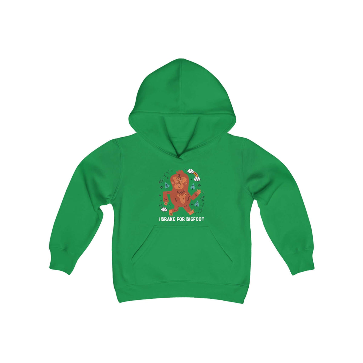 Green kids hoodie with "I Brake for Bigfoot" design, fun outdoor adventure theme, perfect for young Bigfoot enthusiasts.