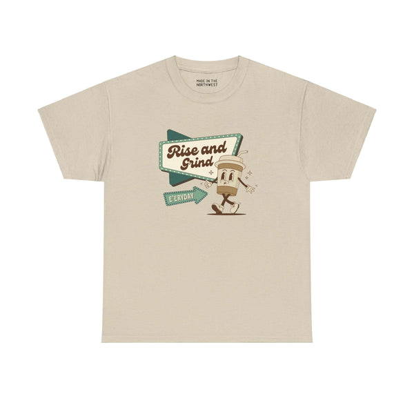 Rise and Grind E'eryday coffee-themed athletic tee with playful design for caffeine enthusiasts.