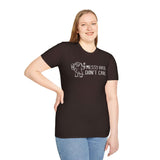 Woman wearing a black Messy Hair Don't Care Bigfoot T Shirt showcasing a fun design.