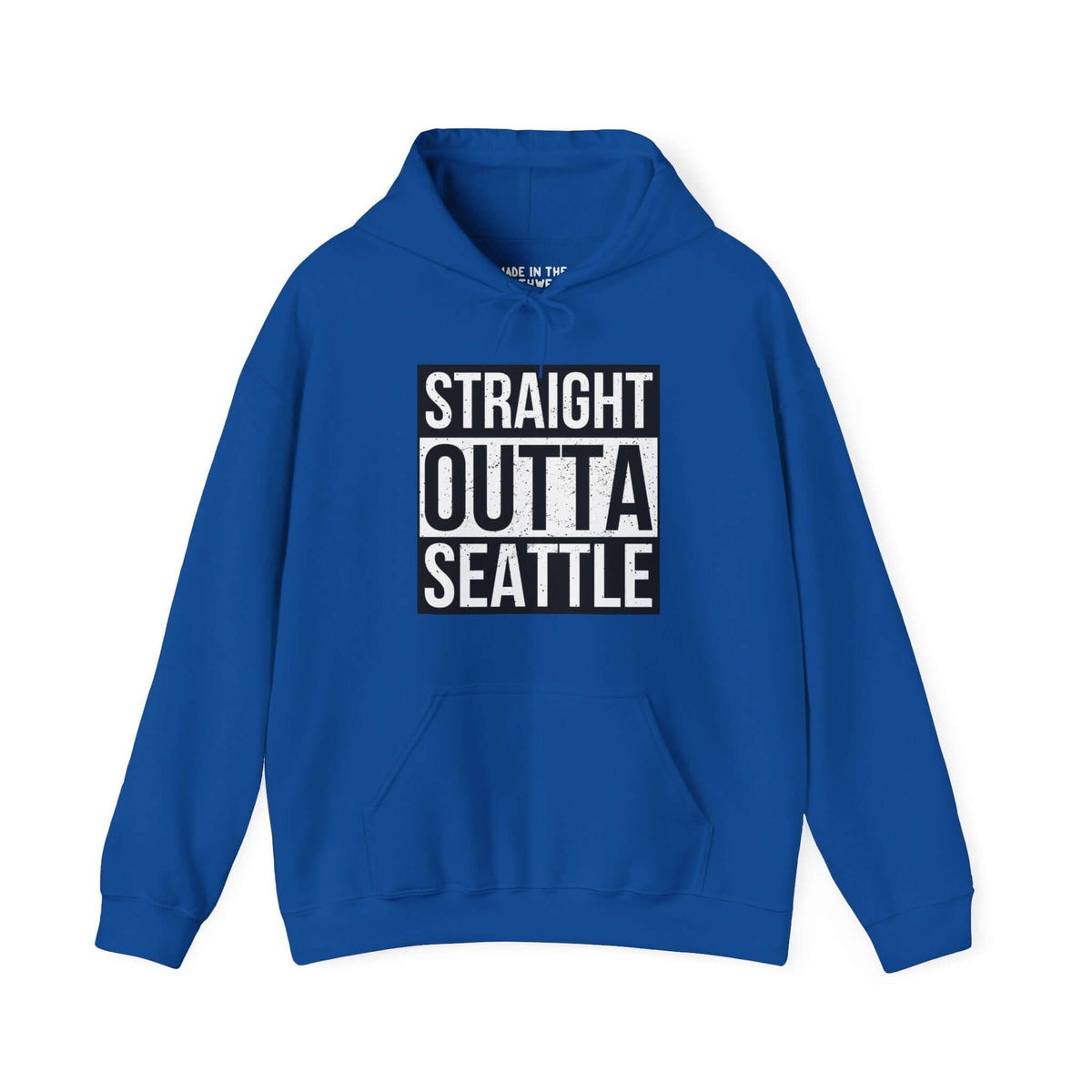 Blue "Straight Outta Seattle" hoodie with bold black and white text design. Perfect for showcasing Seattle pride and streetwear style.