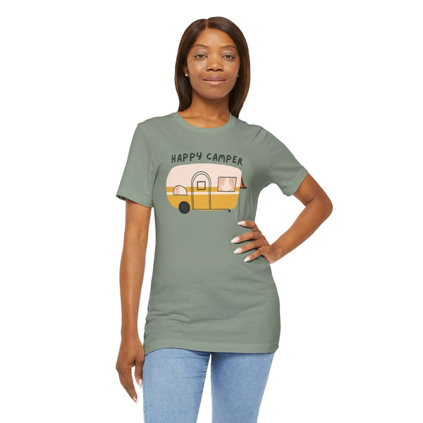 Happy Camper Adventure Premium Soft Tee featuring a vintage camper design, perfect for outdoor enthusiasts and road trip lovers.